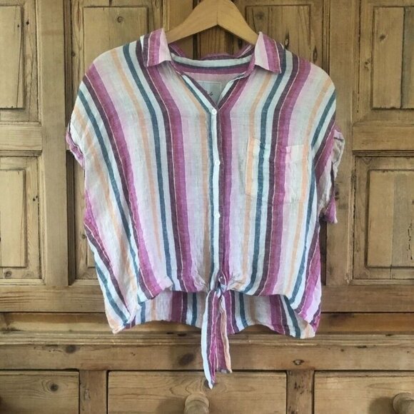Rails Small Stripe Tie‎ Front Blouse Striped Crop Shirt Collared Pastel Linen - Picture 1 of 9